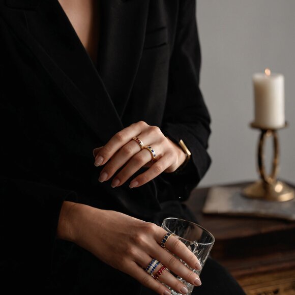 Blue Sapphire 14K (or 18k upon request) Yellow Gold Diamond Eternity Band Ring - Picture 5 of 6